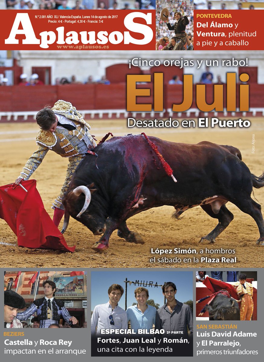 Portada del nº 2.081 con "<a href="/elJuli/">El Juli</a>, desatado en <a href="/plazaelpuerto/">PlazaToros El Puerto</a>" y la II parte del Especial Bilbao, como protagonistas aplausos.es/revista