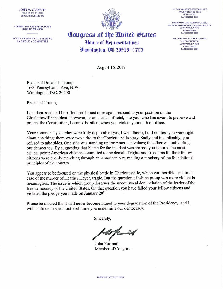 JohnYarmuth's tweet image. Justice is blind. Presidents can't be. There was only one evil side in Charlottesville. Read my letter to @realDonaldTrump: