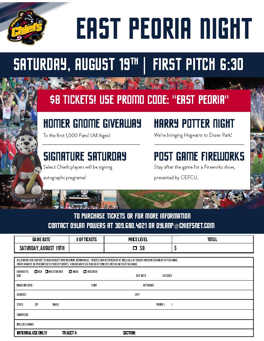 LeveeDistrict's tweet photo. #EastPeoria Night with the @peoriachiefs is this Saturday! Tickets are just $8 with the promo code "East Peoria."  ⚾️ https://t.co/OcEzpXUlgM