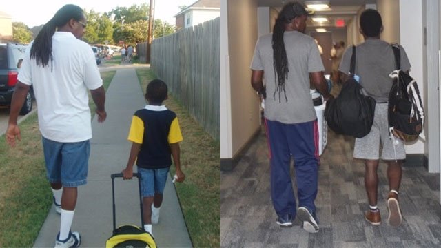 wbaltv11's tweet photo. Photo of dad walking son to first day of kindergarten, college goes viral https://t.co/nkCPnK7ldz https://t.co/LN9uUlSvRb