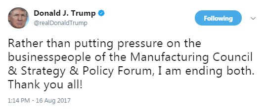 NBCNews's tweet photo. JUST IN: President Trump tweets he is "ending" his Manufacturing Council and Strategy and Policy Forum https://t.co/dN2EfVCN6T