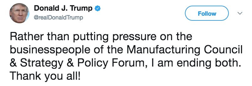 ABC's tweet photo. Pres. Trump announces he's ending American Manufacturing Council and the Strategy and Policy Forum amid resignations https://t.co/gxv49re7Qx https://t.co/0Amw5I1bqQ
