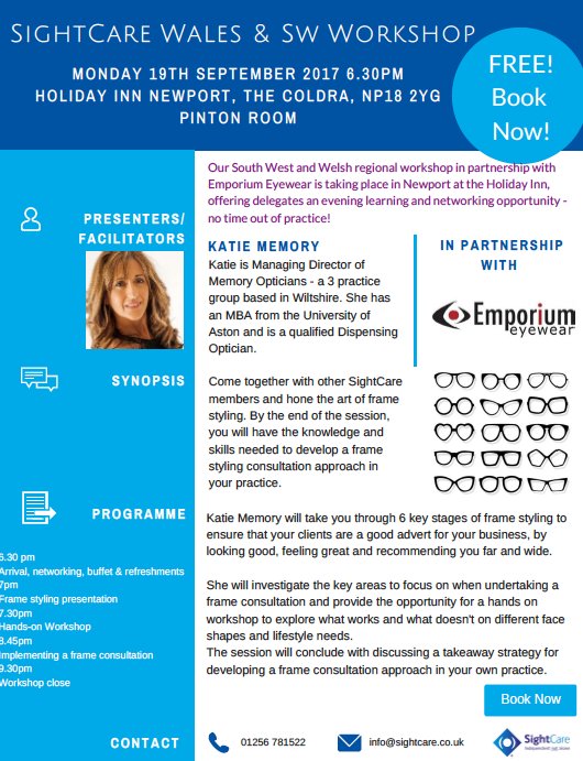 SightCareGroup's tweet photo. Emporium Eyewear and @MemoryOptician will be hosting this great frame styling workshop - think how great your social media pics will look! https://t.co/CjoMaPJOdC
