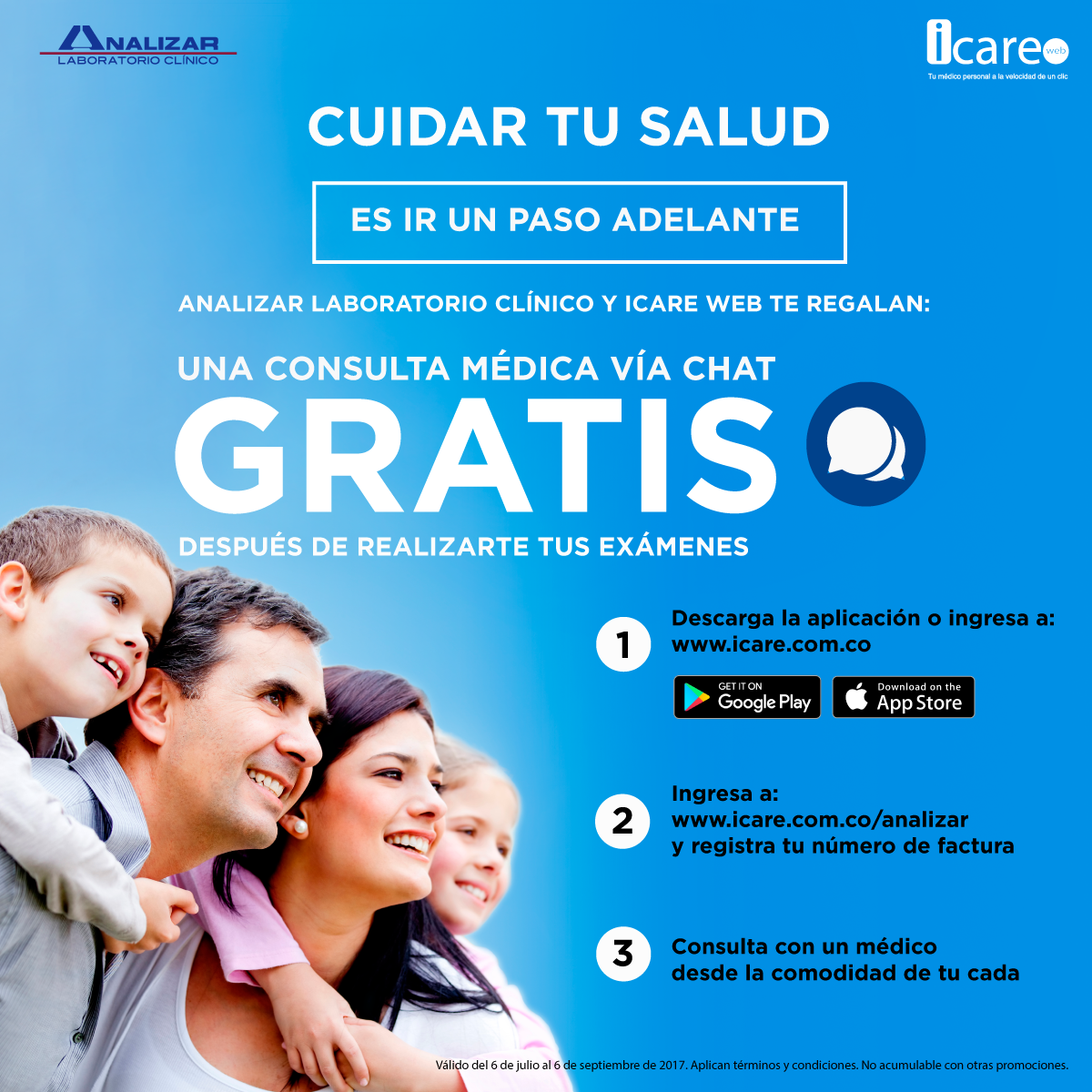 analizarlab's tweet image. Si te realizas exámenes en Analizar del 6 de julio al 6 de septiembre podrás tener una consulta médica gratis con ICARE.