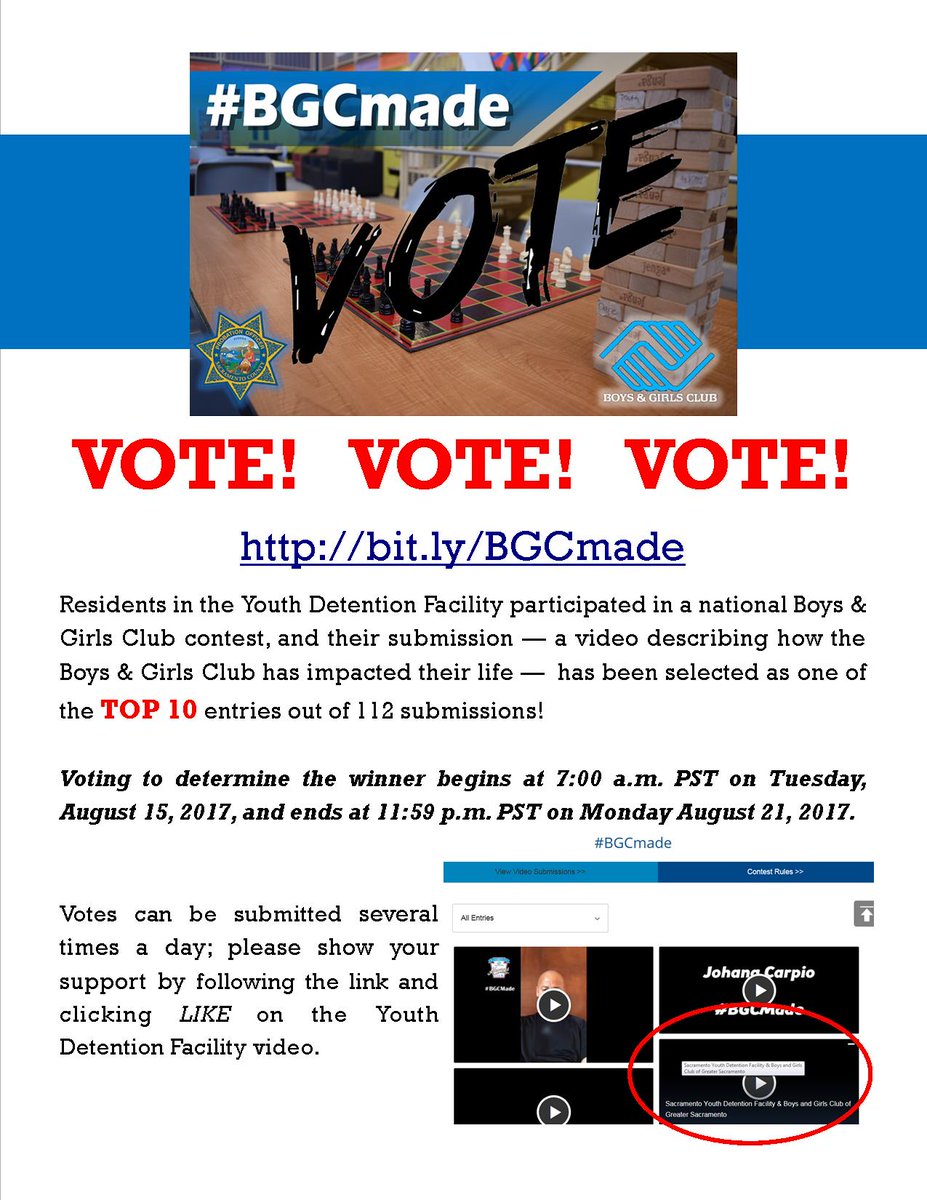 SacCoProbation's tweet photo. Vote for the Sacramento Youth Detention Facility @bgc_sac video. Help us #SupportPositiveChange in youth!Click here: https://t.co/ijYGCROFT8 https://t.co/jjaerLKkuU