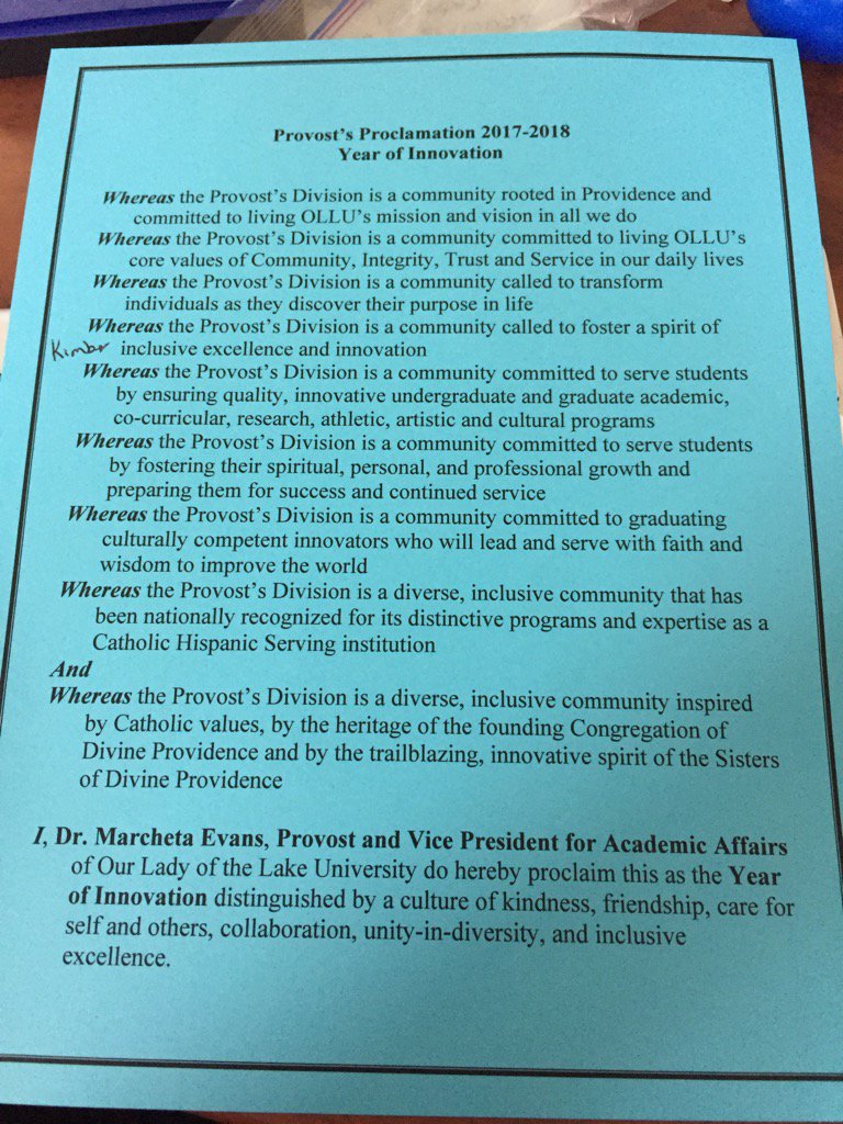 drkimberTweets's tweet photo. Provost's Proclamation "2017-18 Year of Innovation" #ProvostPD2017 #TogetherWeInnovate https://t.co/cG78UlAuRs