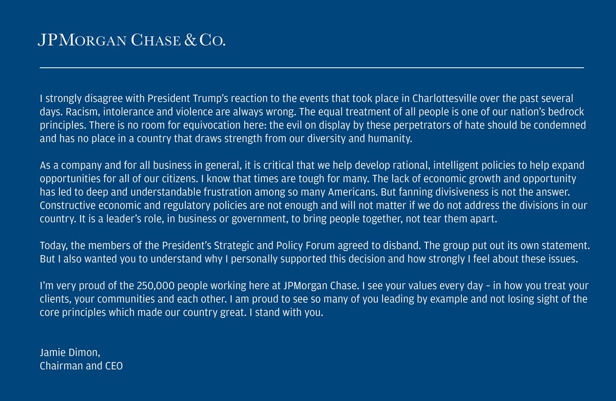 jpmorgan's tweet photo. "It is a leader’s role, in business or government, to bring people together, not tear them apart." https://t.co/LkZZWTPDIT