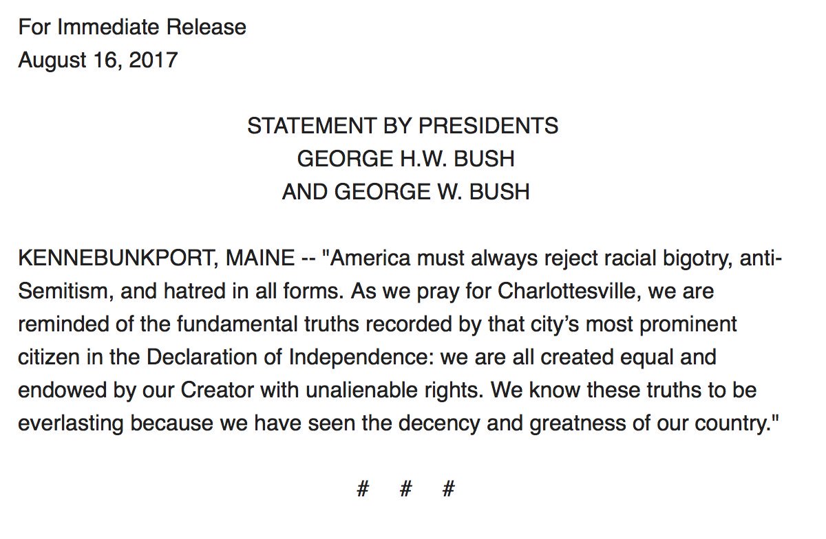 ABC's tweet photo. Former Presidents George H.W. Bush, George W. Bush on Charlottesville: "America must always reject racial bigotry" https://t.co/kW7qwWp3z0 https://t.co/WTDhzDeCMi