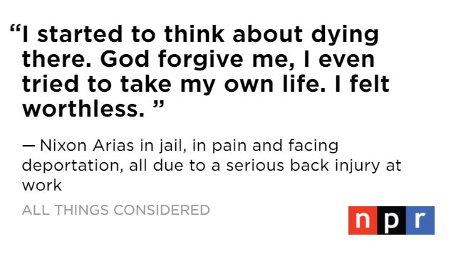 Tonight <a href="/npratc/">All Things Considered</a>, from <a href="/hberkes/">Howard Berkes</a> <a href="/MichaelGrabell/">Michael Grabell</a> <a href="/ProPublica/">ProPublica</a>, work injuries lead to jail/deportation for undocumented npr.org/2017/08/16/543…
