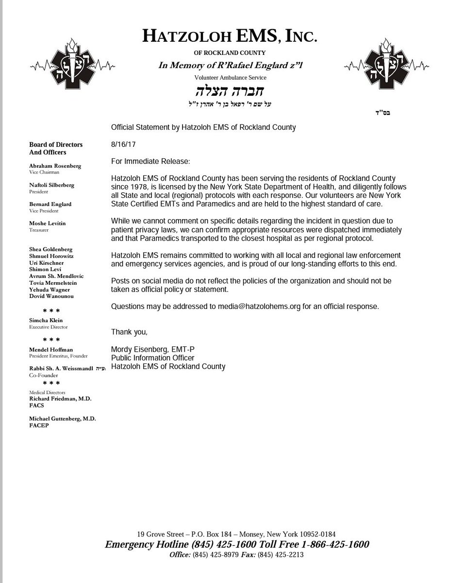 Official Press Release by Monsey Hatzoloh. 
facebook.com/rhatzoloh/