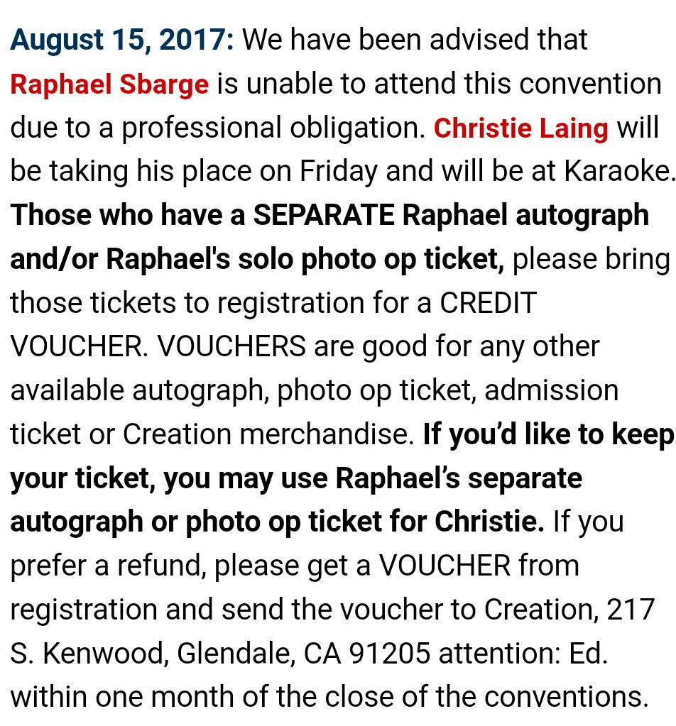 CreationEnt's tweet photo. #OUATSF, unfortunately @RaphaelSbarge is unable to attend the con, plz see attached statement. Christie Lang will take his place Friday. https://t.co/bHLih1V2Vu