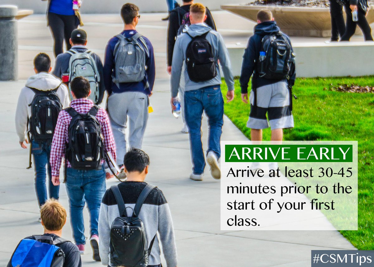 csmbulldogs's tweet photo. Tip #7 for the Fall 2017 Semester: Arrive at least 30-45 minutes prior to the start of your first class! #CSMTips https://t.co/5whYh9jafP