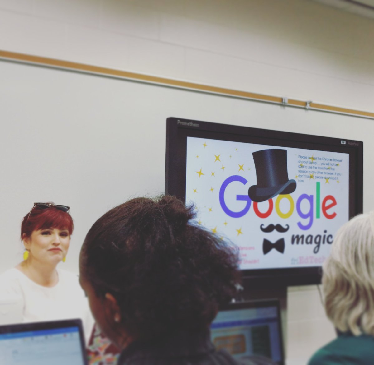 LittleBluEraser's tweet photo. Learning new #google tricks with @friEdTechAmy! Could she more beautiful?! #googlenerd #cfisdpk1 #teachk #givemeallthegoogle https://t.co/Dij0mL2d71