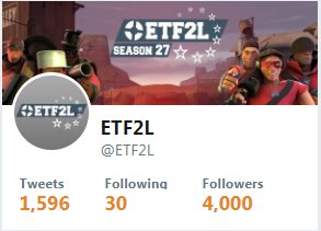 ETF2L's tweet photo. We JUST hit 4.000 followers!  Thanks for your support, it is what keeps us thriving! Best community on the planet... Much love! 😍 #TF2 https://t.co/tLpeNOeNtk