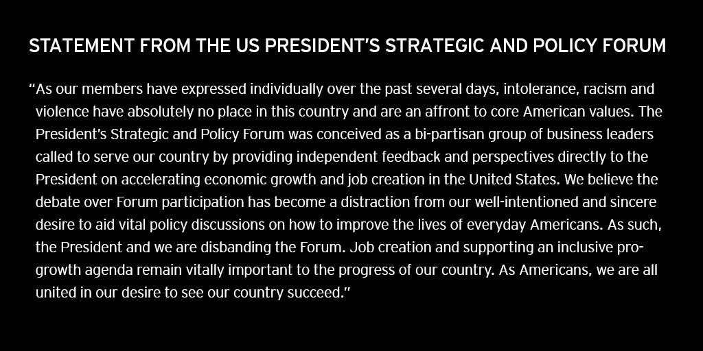 Hatred, bigotry &amp; violence have no place in society; leaders need to unite not divide. Proud of the Forum members. We made the right call.