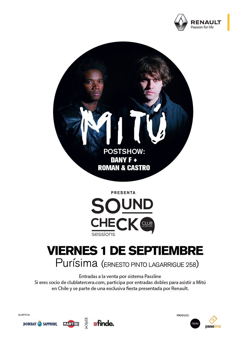¡Se suman <a href="/romanycastro/">Roman & Castro</a> a #SoundCheckCLT presenta Mitú + Dany F! Entradas en <a href="/PassLineChile/">Passline Chile</a> // 20% descuento para socios <a href="/clublatercera/">Club La Tercera</a>.