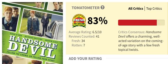 Well what do you know, <a href="/handsomefilm/">Handsome Devil</a> is now 'Certified Fresh' on <a href="/RottenTomatoes/">Rotten Tomatoes 🍅</a>! <a href="/nickgalitzine/">Nicholas Galitzine</a> bit.ly/2x5jXub