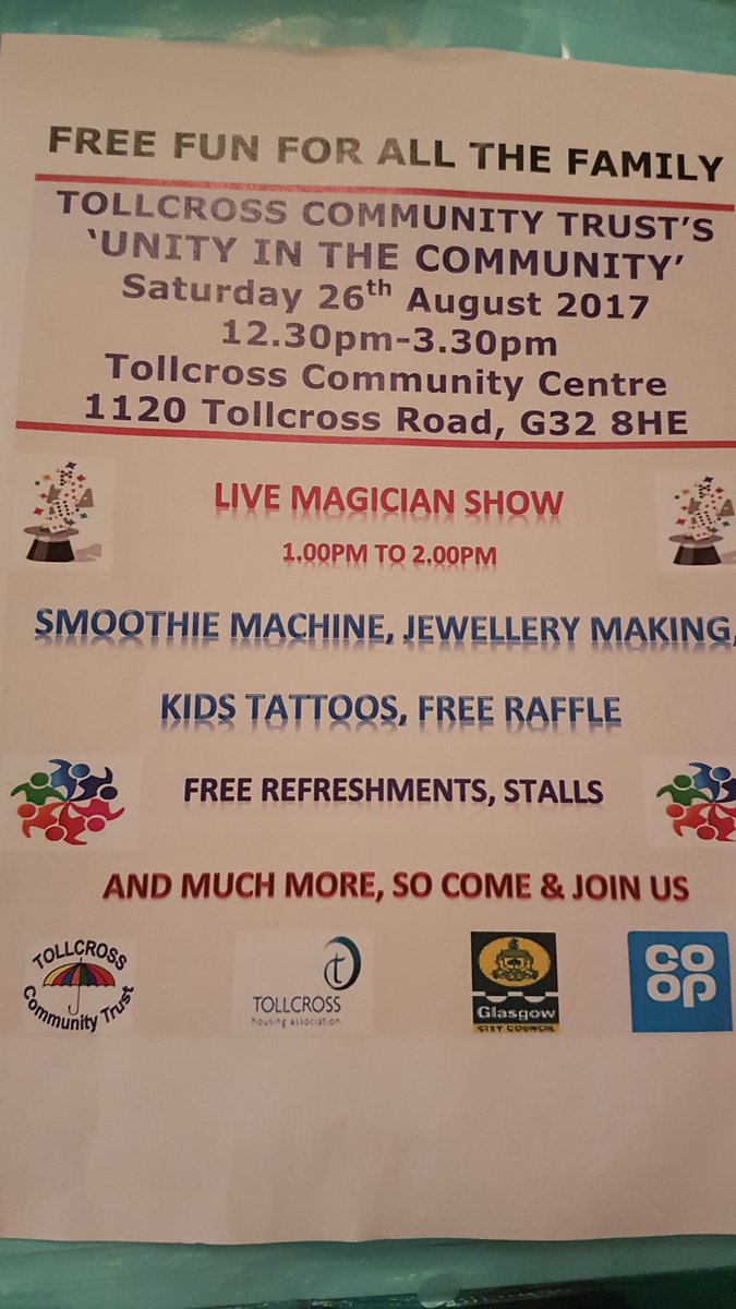 Free fun for all the family at Tollcross Community Trust's 'Unity in the Community' on Saturday 26th August from 12.30-3.30 #community