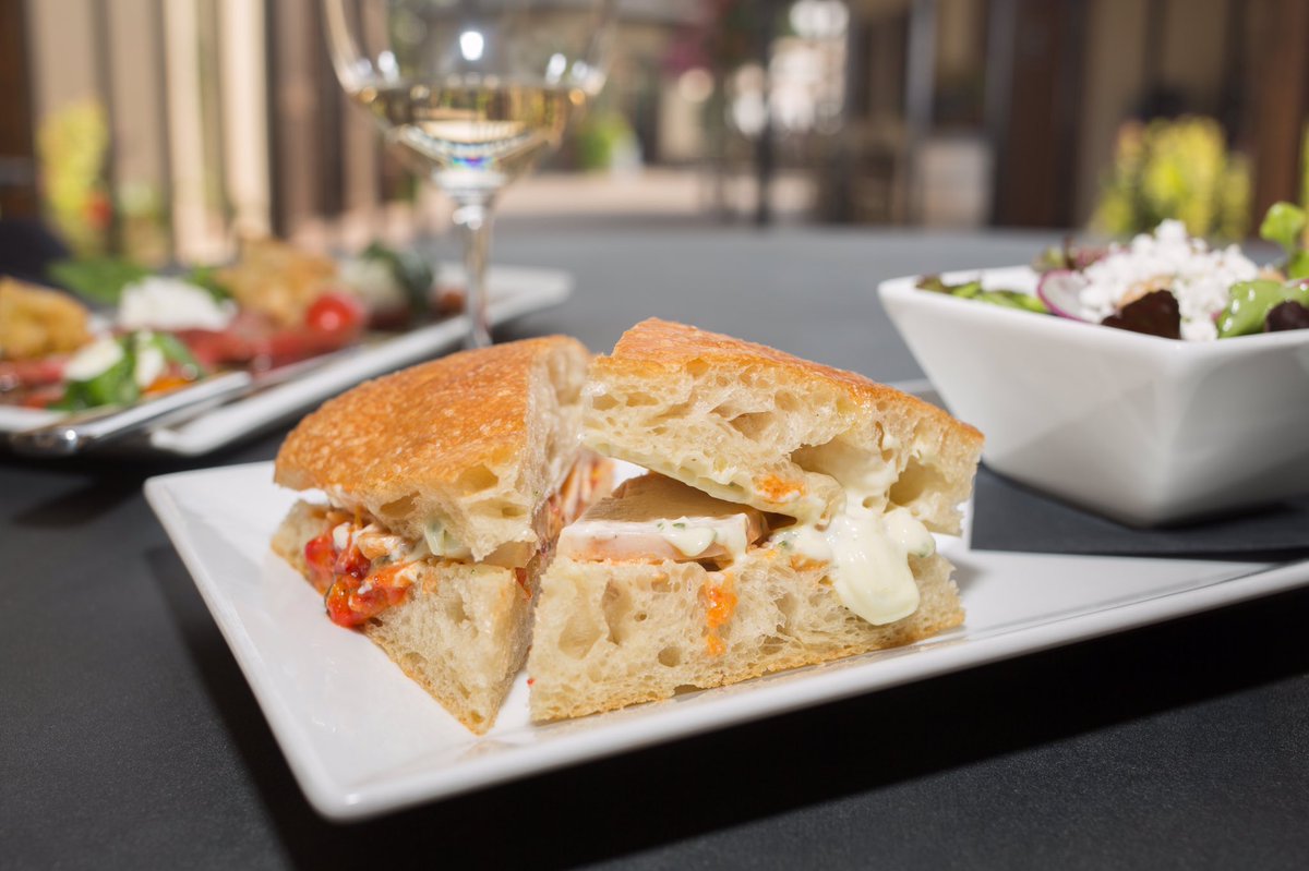 Roast chicken with Asiago and pesto mayo on house baked focaccia ala Lake Breeze. #bcwine #visitpenticton #discovernaramata
