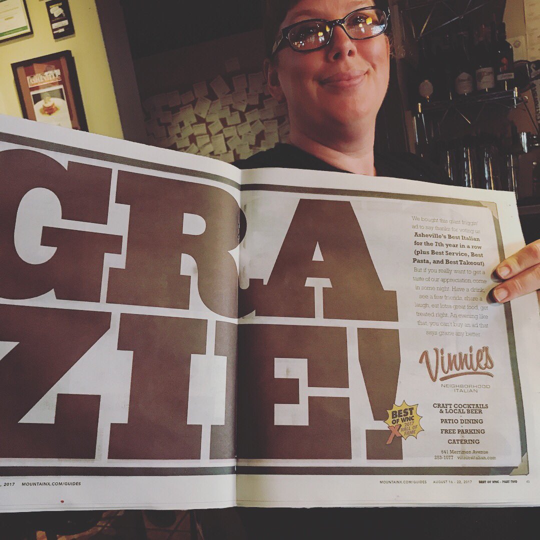 vinnies_avl's tweet photo. We did it! 7 years Best Italian, 3 years Best Service, and Best Pasta! A huge GRAZIE to all who helped make this happen! #mountainexpress https://t.co/CW3ZJqqFur