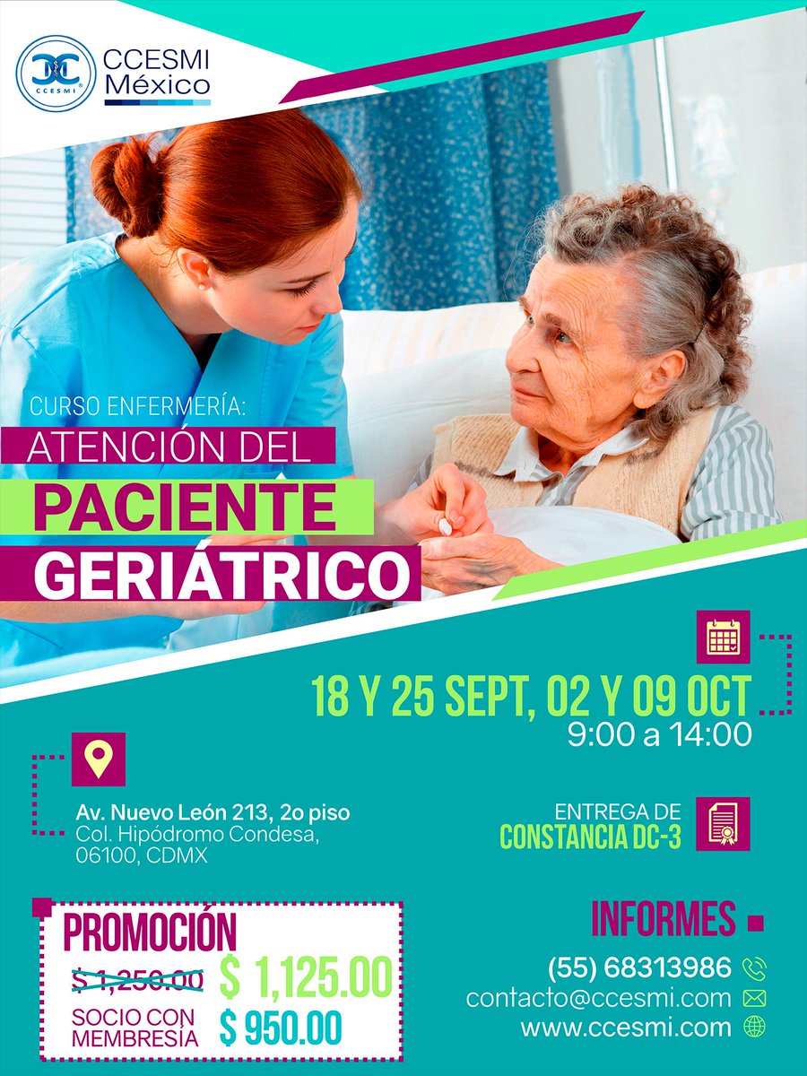 CCESMIMexico's tweet photo. #CCESMIMéxico te invita a su curso:

ATENCIÓN DEL PACIENTE GERIÁTRICO

Registrate aquí: https://t.co/agE3Uv68za https://t.co/2kG4buVm15