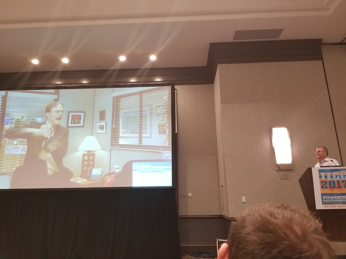 AngelaVenArts's tweet photo. When the IT guy puts in videos from the Office and Waynes World in a development session...so funny #TLCC2017 https://t.co/1k5P8nndMY