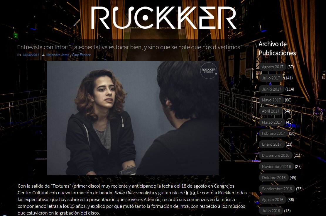 << ENTREVISTA >>
-
INTRA en Rückker, de cara a su show de este viernes en C. C. Cangrejos (CABA).
-
Leela online en ruckker86.com.ar/entrevista-a-i…
