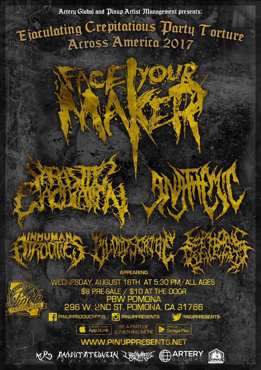 Tonight! <a href="/PBWLA/">PBWLA</a> @faceyourmaker_
<a href="/ParasiticEjac/">ParasiticEjaculation</a> #InhumanAtrocities <a href="/bloodscribe1/">Bloodscribe</a> <a href="/Anathemicmetal/">Anathemicofficial</a> doors @ 5:30, be there