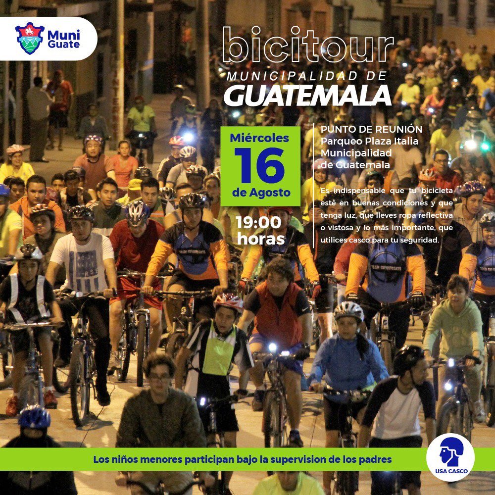 amilcarmontejo's tweet photo. #BiciTourGT hoy 7:00 pm, saliendo de #MuniGuate. Recuerda llevar iluminación, casco y de utilizar al máximo, carril derecho en #TránsitoGT. https://t.co/oEACOr1CBY