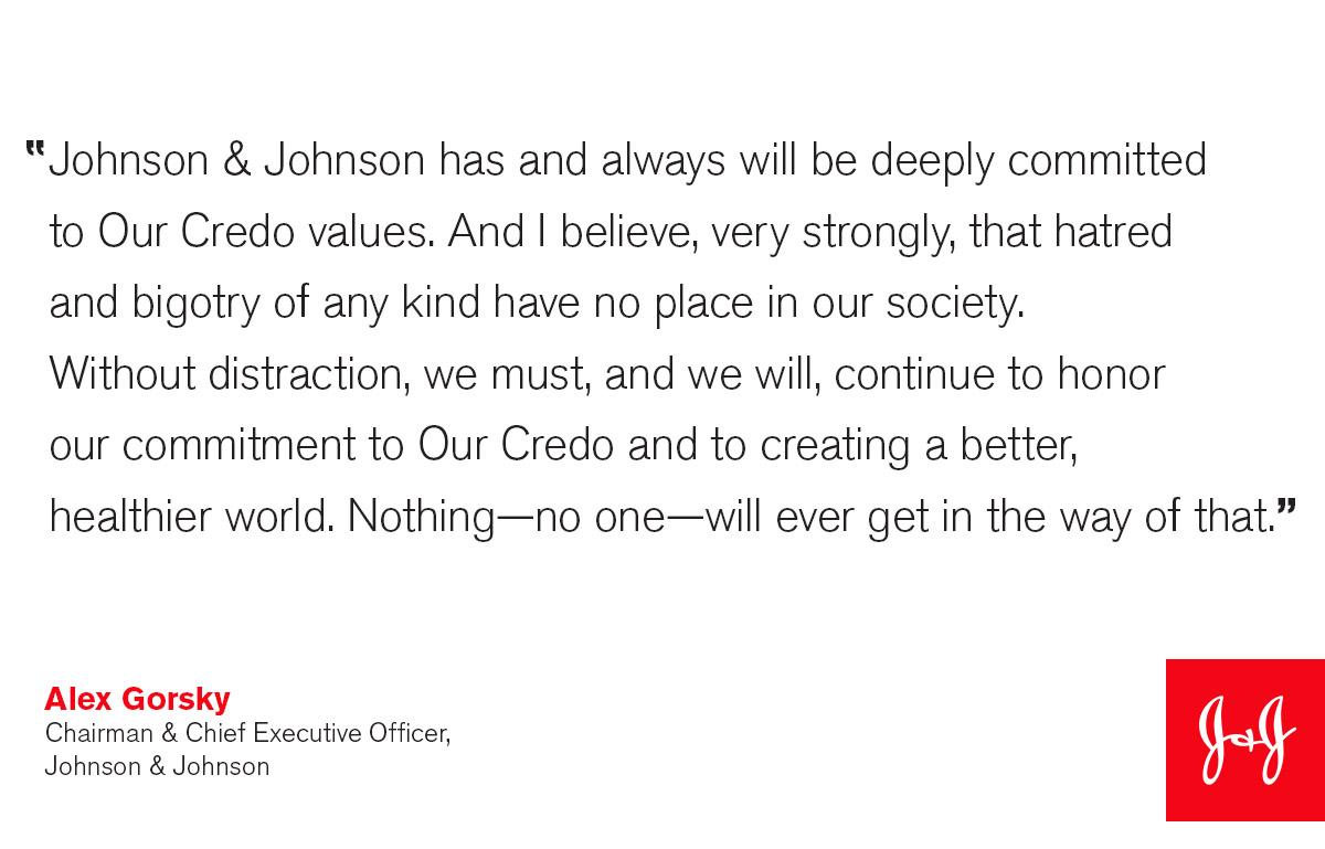 JNJNews's tweet photo. #JNJ CEO Alex Gorsky resigned from the Council, prior to disbandment. We refuse to stand with those who spread hate. https://t.co/jgWMGQp8gN