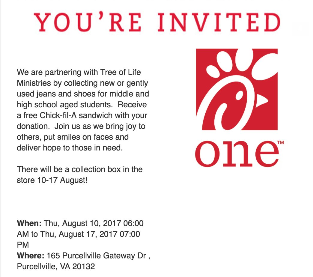 PurcellvilleYL's tweet photo. See everyone tonight at @CFAPurcellville as we hang out and collect new and gently used jeans &amp; shoes for @TOLministries! Be there ⏰ 8:00pm https://t.co/pqC4LQhXfk