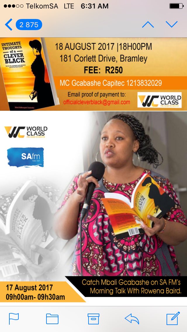 SihleMvundla's tweet photo. Tomorrow #TheOfficialCleverBlack @MaShongwe @SAfmRadio with #RowenaBaird 09:30am-10:00am @WorldClassPR @BuyileZakuza @ThamiShobede @snehqtee https://t.co/1DC0QwrZfD