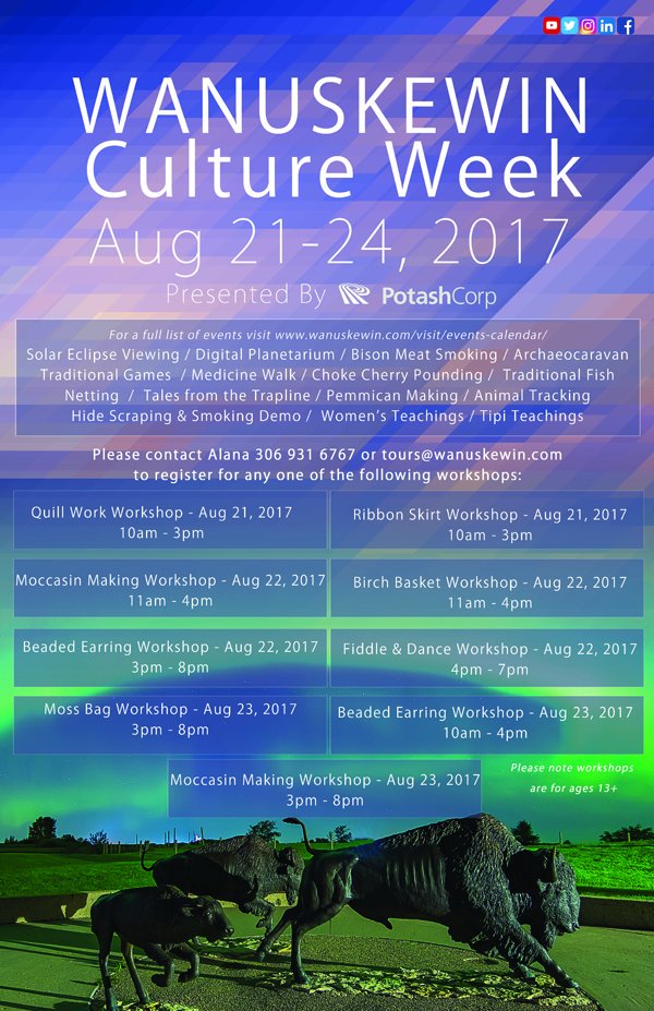 CAN_Indigenous's tweet photo. CULTURE WEEK! Aug 21-24 @Wanuskewin_Park
30+ drop in events &amp; workshops: Quill Work, Birch Baskets, Solar Eclipse &amp; More! #AboriginalCanada https://t.co/UrM2i5CCGj