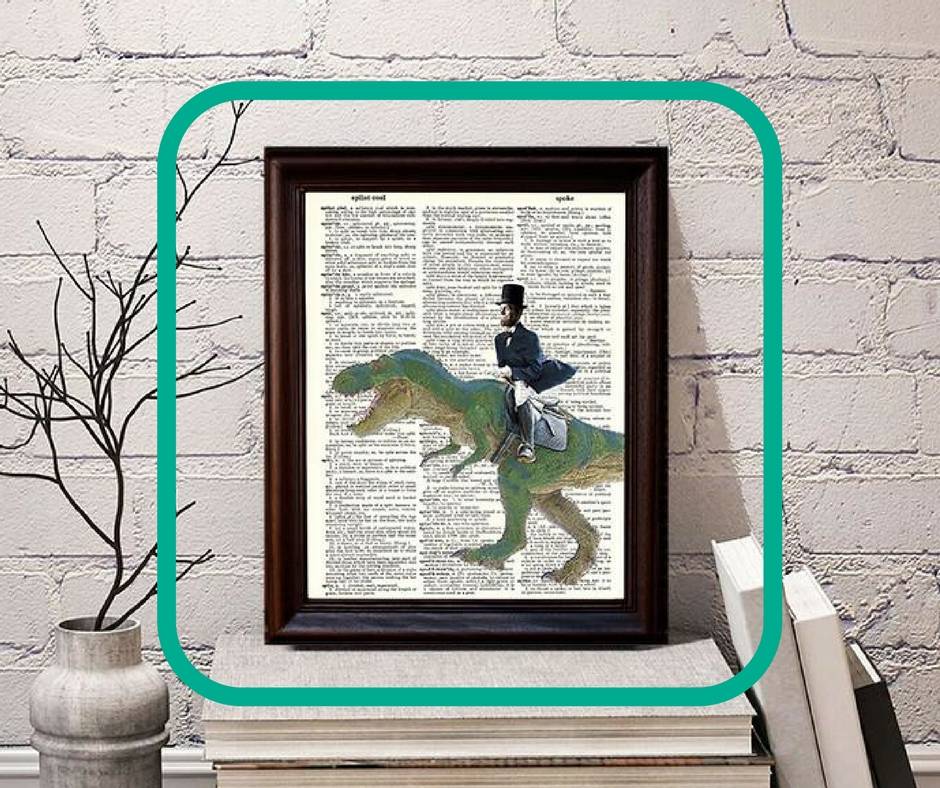 FreshPrintsofCT's tweet photo. If Abraham Lincoln riding a T-Rex doesn't fit your dorm aesthetic, I don't know what will. https://t.co/ZsJ6AFD0OC #DictionaryArtPrints https://t.co/S5nYoUNpnb