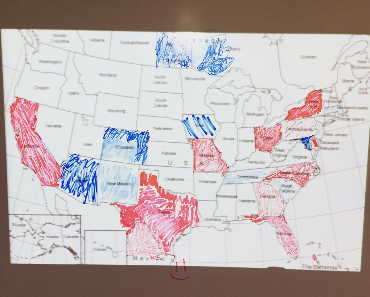 thebeachyteachy's tweet photo. Social studies get to know you activity: project a map, discuss. Red=lived there. Blue=visited. Students love sharing their travels!🇺🇸 https://t.co/5eztpa5H8p