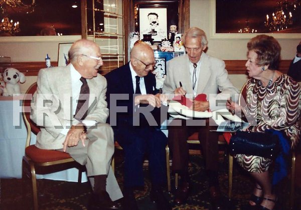 HopeFreleng's tweet photo. In honor of animator #GrimNatwick's 127th bday - - here's a photo from his 100th bday party 🎂 #FrizFreleng, #WalterLantz, Grim & #MaeQuestel https://t.co/DhPNGgwMMy