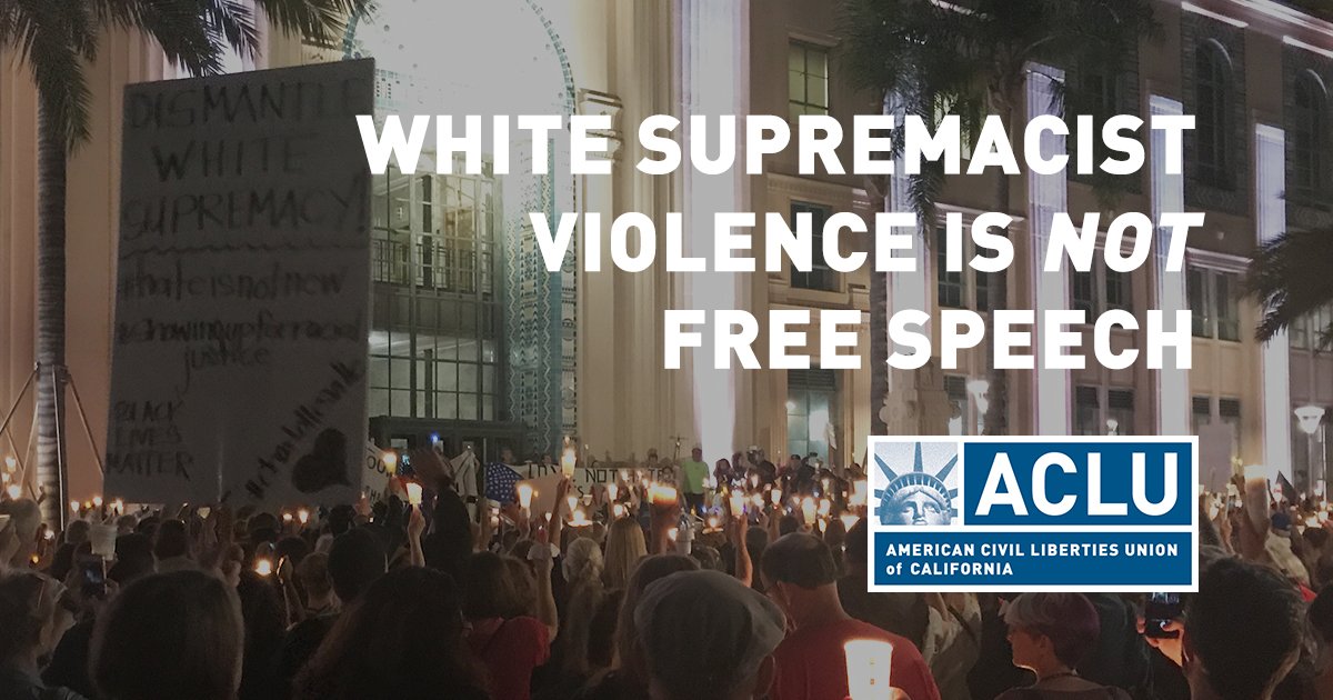 sdicACLU's tweet photo. ACLU of California Statement: White Supremacist Violence is not Free Speech. https://t.co/K5hBAjnH31 https://t.co/DUrYvDcDVL