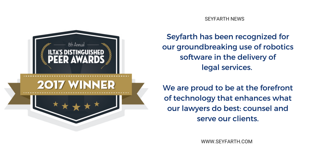 seyfarthshawLLP's tweet photo. Seyfarth Wins 2017 Innovative Law Firm of the Year Award from @ILTANet #ILTACON https://t.co/BzsjSOSECc https://t.co/ItvWRcGDhq