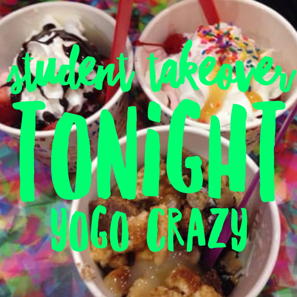 Mtn_Students's tweet photo. Join us at Yogo Crazy for our Student Takeover! Also, be sure to mention Rapha House to have 20% of your purchase go towards them. https://t.co/KVxxQZQANd