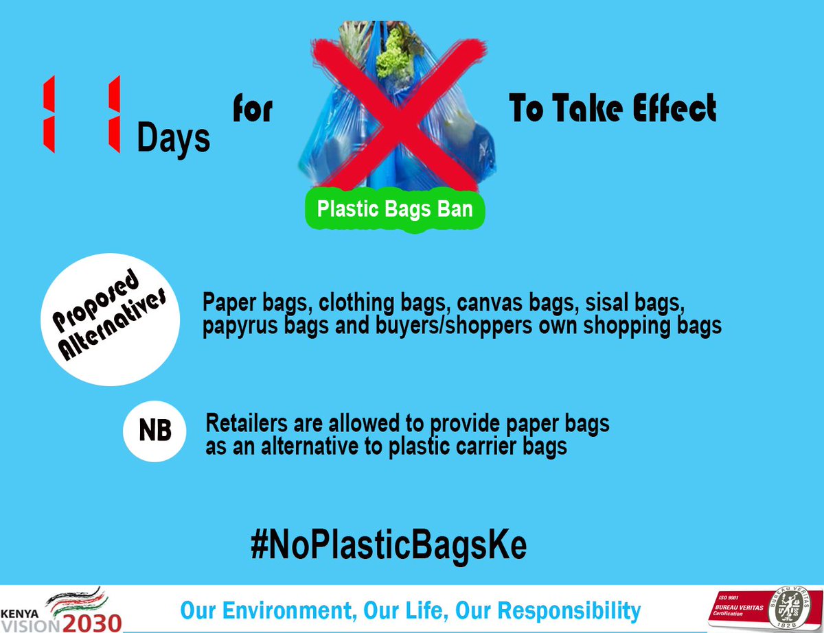 NEMA Kenya (@nemakenya) on Twitter photo It's officially 11 days for the ban to take effect. ARE YOU READY? <a href="/Environment_Ke/">Ministry of Environment, Climate Change & Forestry</a> <a href="/NemaKenya/">NEMA Kenya</a> <a href="/msenvironmentke/">#BeatPlasticPollution</a> <a href="/UNEP/">UN Environment Programme</a> <a href="/UNFCCC/">UN Climate Change</a> <a href="/JudiWakhungu/">Prof. Judi Wakhungu EGH</a> It's officially 11 days for the ban to take effect. ARE YOU READY? <a href="/Environment_Ke/">Ministry of Environment, Climate Change & Forestry</a> <a href="/NemaKenya/">NEMA Kenya</a> <a href="/msenvironmentke/">#BeatPlasticPollution</a> <a href="/UNEP/">UN Environment Programme</a> <a href="/UNFCCC/">UN Climate Change</a> <a href="/JudiWakhungu/">Prof. Judi Wakhungu EGH</a>