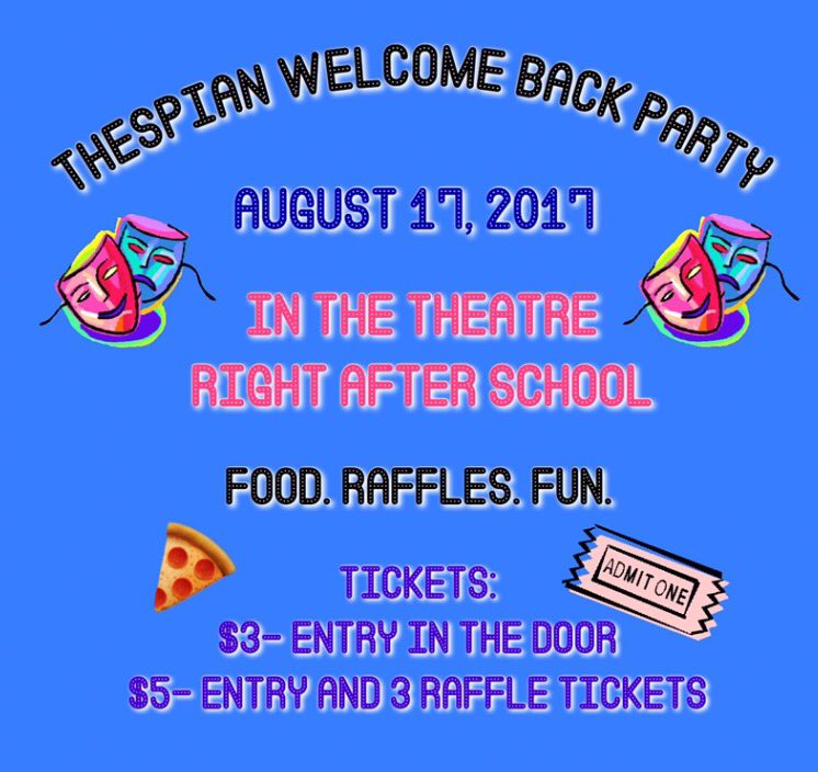 PVHSTheatre's tweet photo. ‼️ HEY EVERYONE ‼️Tomorrow is our annual welcome back party, and we'd love to see you there! Buy tickets from council, OR at the door. 🎭🎭 https://t.co/PleZELhZxf