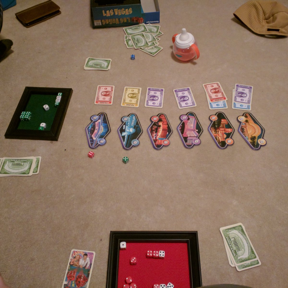 MOAvenger's tweet photo. Playing LAS VEGAS by Ravensburger with @417Steve On the floor. Like the adults we are. #geekfunafterdark https://t.co/1J5fLXmk5P