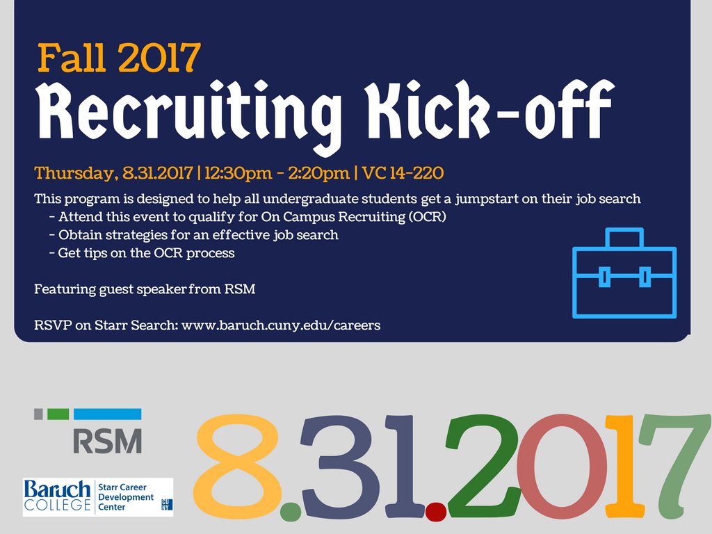 BaruchStarr's tweet photo. Are you ready for the Fall Recruiting Season? Check out this great kick-off event with @RSMUSLLP  #BaruchAtWork #OCR https://t.co/2himx5Qf3s