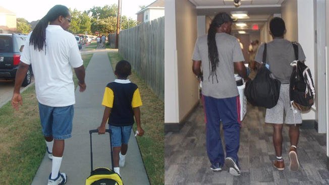 nbcbayarea's tweet image. Viral photos show proud dad walking his son to school on his first day as a kindergartner and as a college freshman. nbcbay.com/PRdNNZg