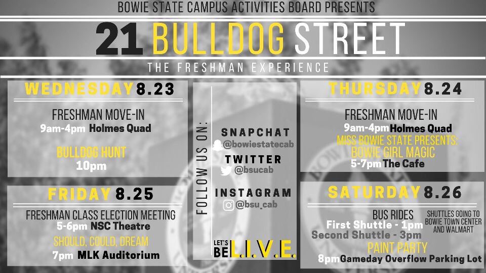 discoverbsu's tweet photo. The Bowie State University Campus Actitives Board presents: The Freshman Experience✨✨ Join us as we welcome the newest Bulldogs to BSU🔥👀🔥🗣 https://t.co/nSNfPrI6Vs