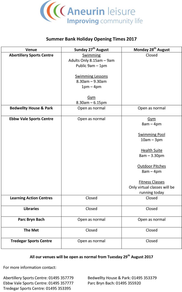 Here's the opening times for all our Aneurin Leisure venues over the #BankHoliday weekend