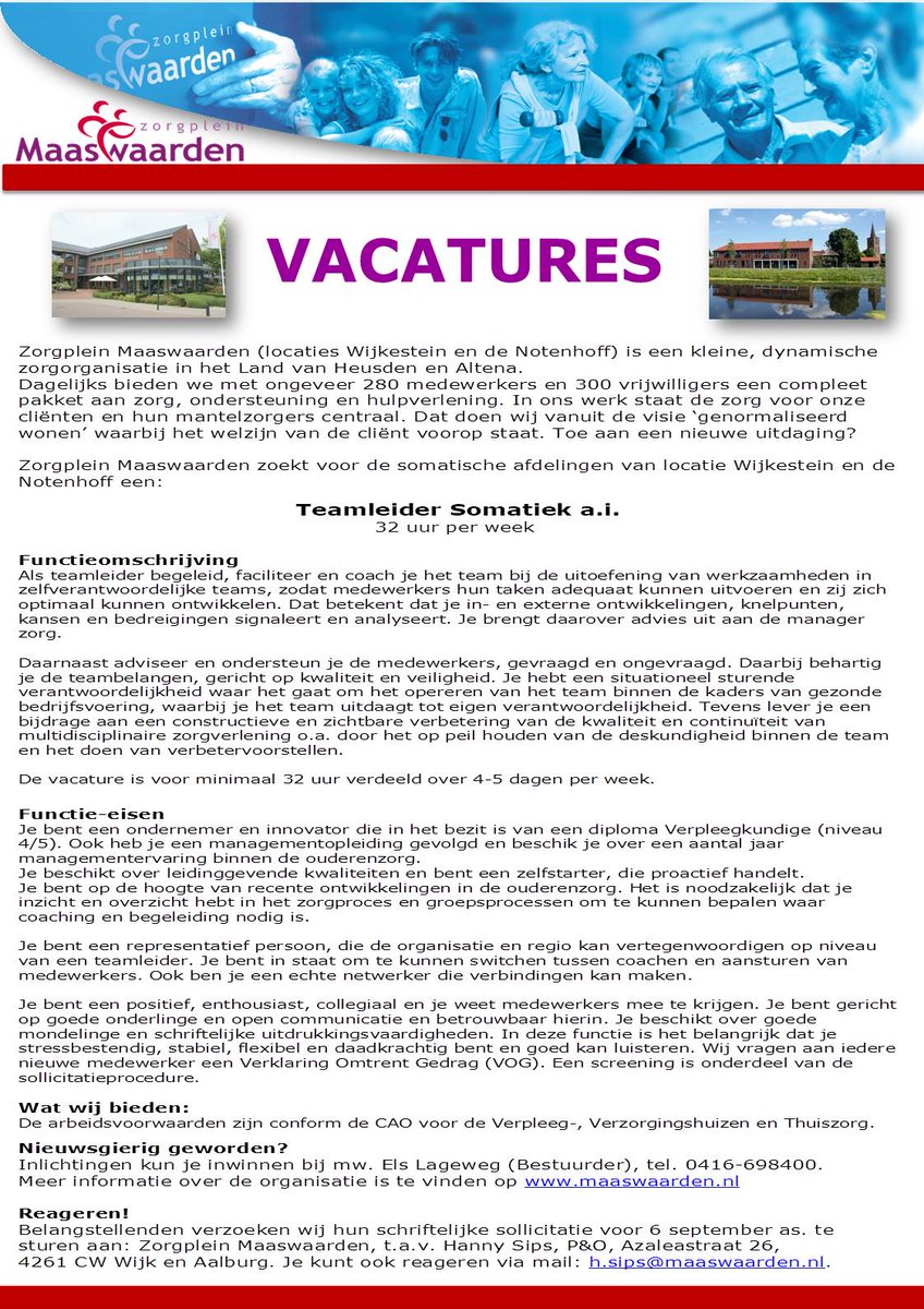 Ben of ken jij onze nieuwe collega?#maaswaarden #vacature #teamleider #zorg