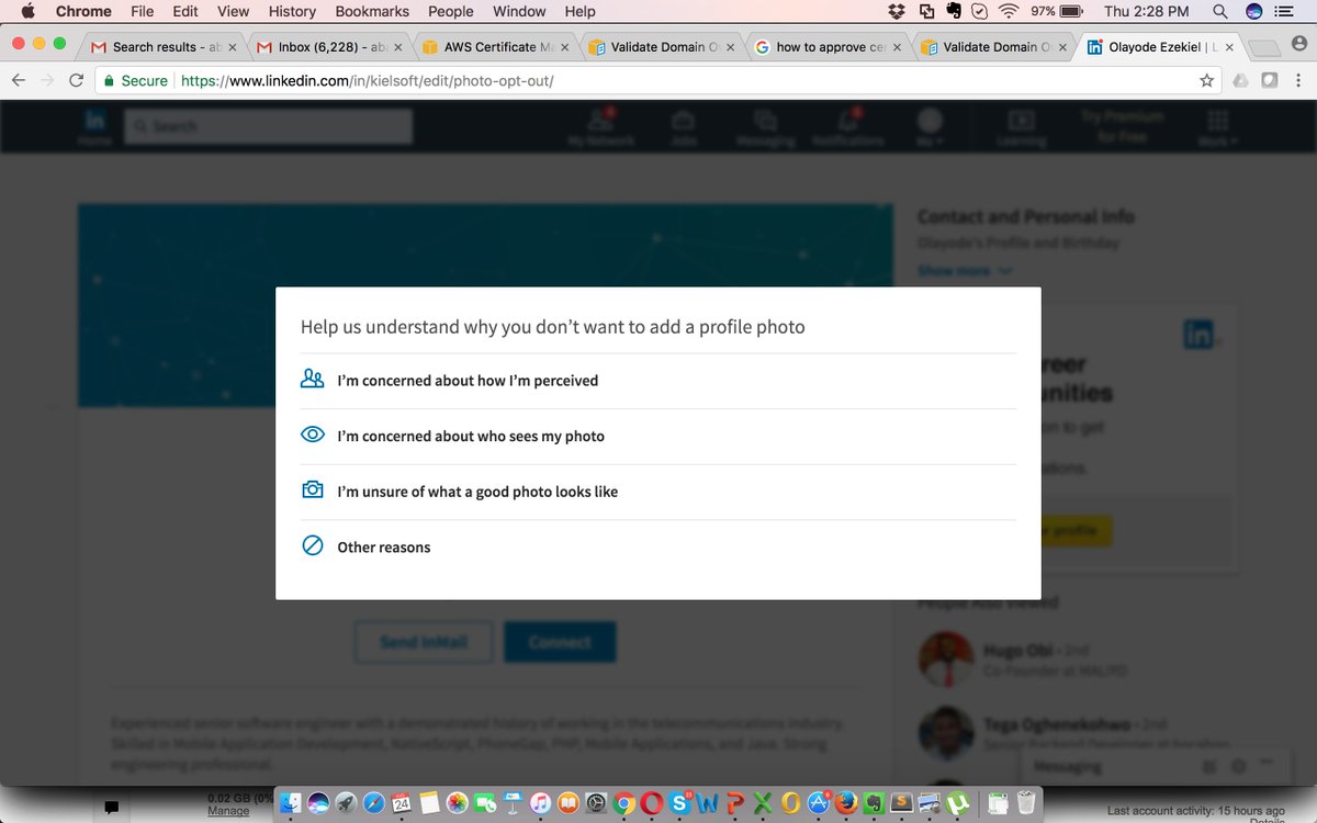 Even Linkedin is wondering why i don't have a profile photo since all these years. Now I feel weird cc @odustriangle