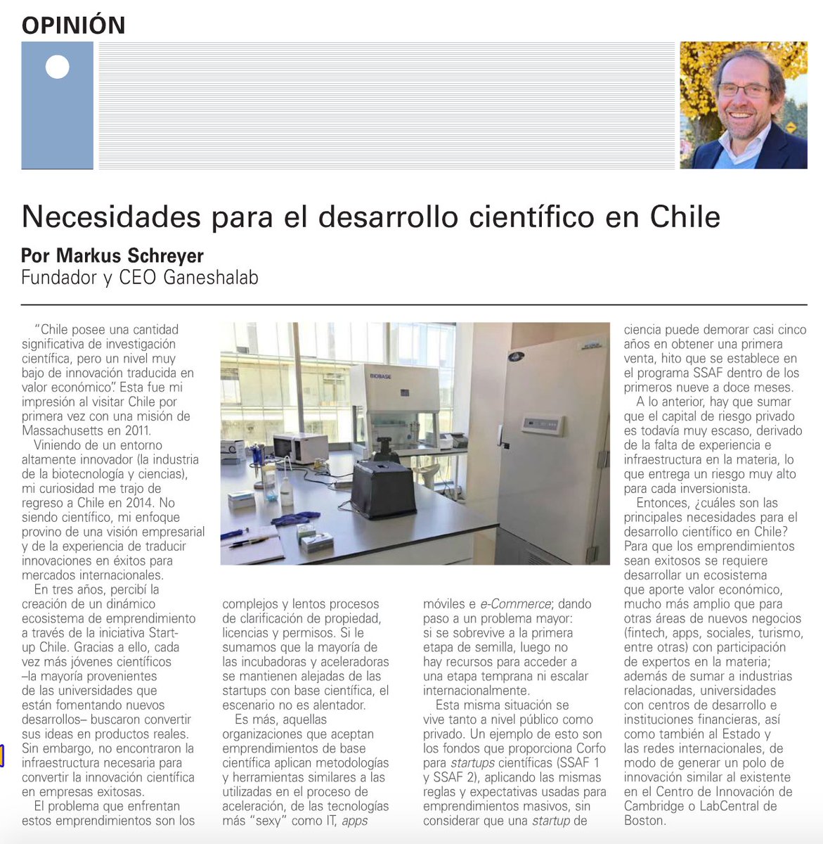 TheGaneshaLab's tweet image. Hoy estamos muy contentos. Nuestro @MarkusSchreyer1 está en #ElMercurio con la columna "Necesidades para el desarrollo científico en Chile"