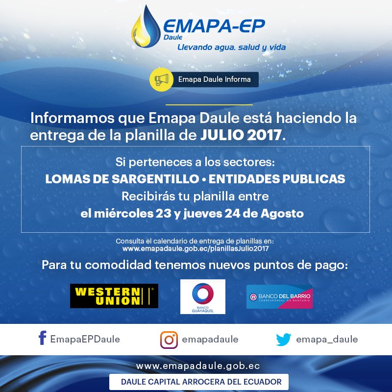 emapa_daule's tweet photo. Atención LOMAS DE SARGENTILLO y ENTIDADES PÚBLICAS: Emapa Daule está haciendo la entrega de las planillas de JULIO. #EmapaDauleInforma https://t.co/RkGkLwvMmd